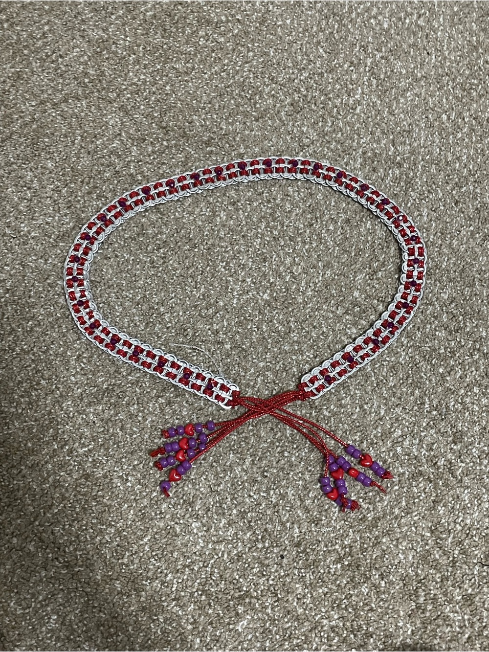Hand Made Soda Tab WaistBelt With GlitterRed Accents, Adjustable Tie, Beads 37in